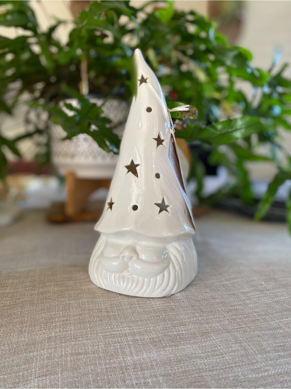 Ceramic Lighted Gnome Iridescent White Wizard Cap with Stars